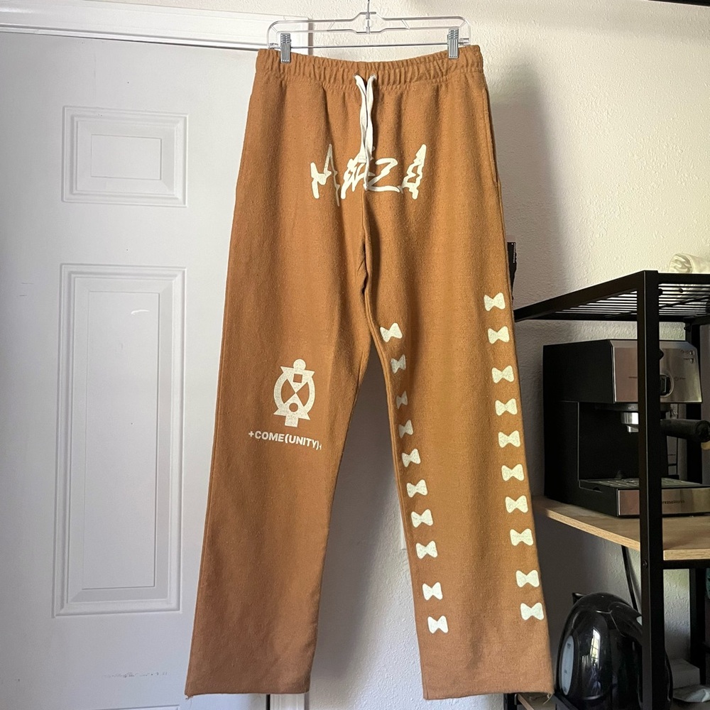 MAZZA dark mustard yellow knit logo‎ graphic straight leg sweat pants
